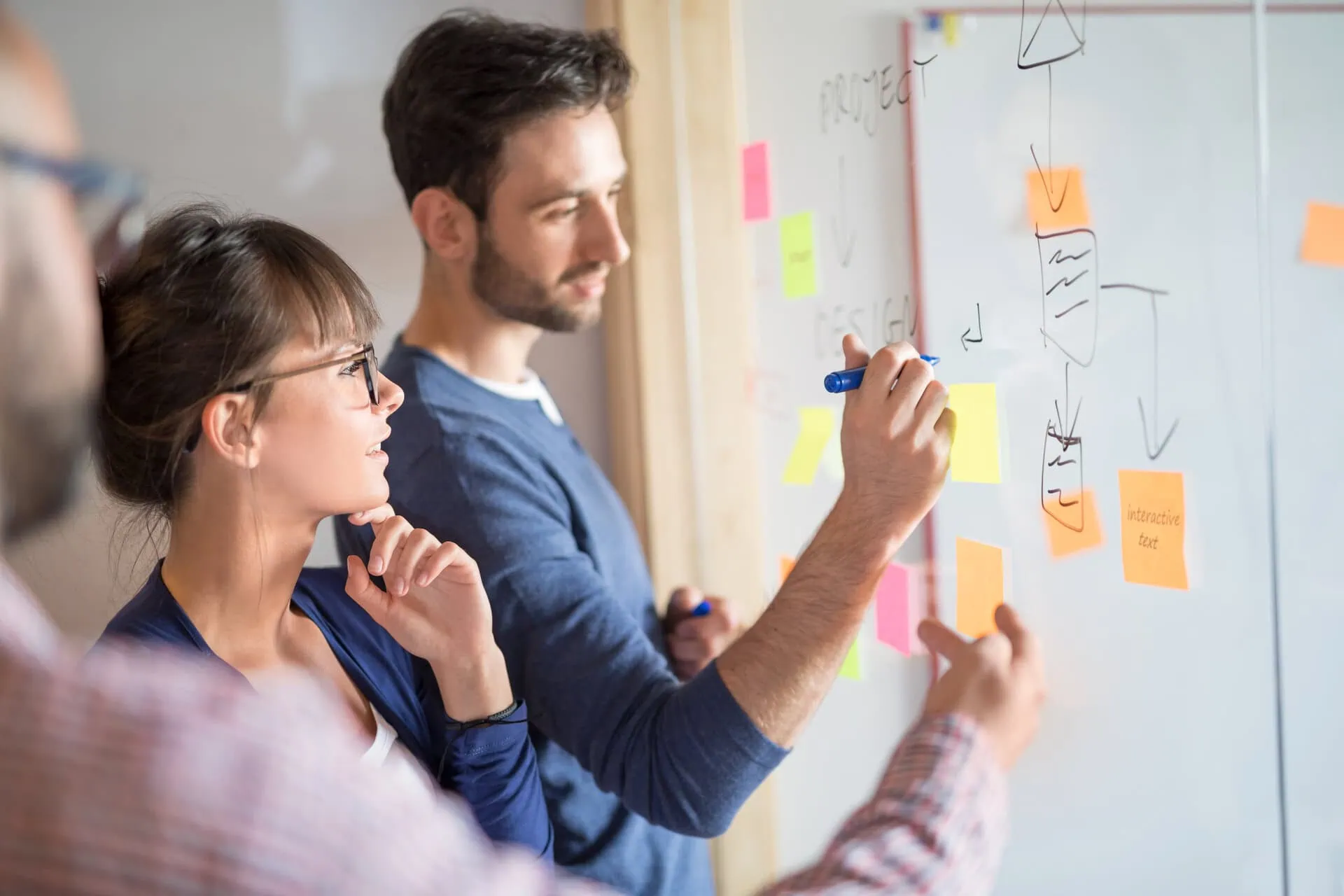 Creative professionals conducting a brand strategy workshop working on a whiteboard