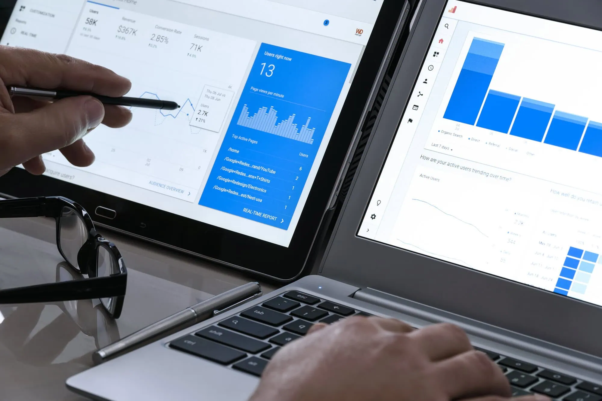 tinybox creative - Bristol creative agency SEO professional analysing a Google Analytics dashboard