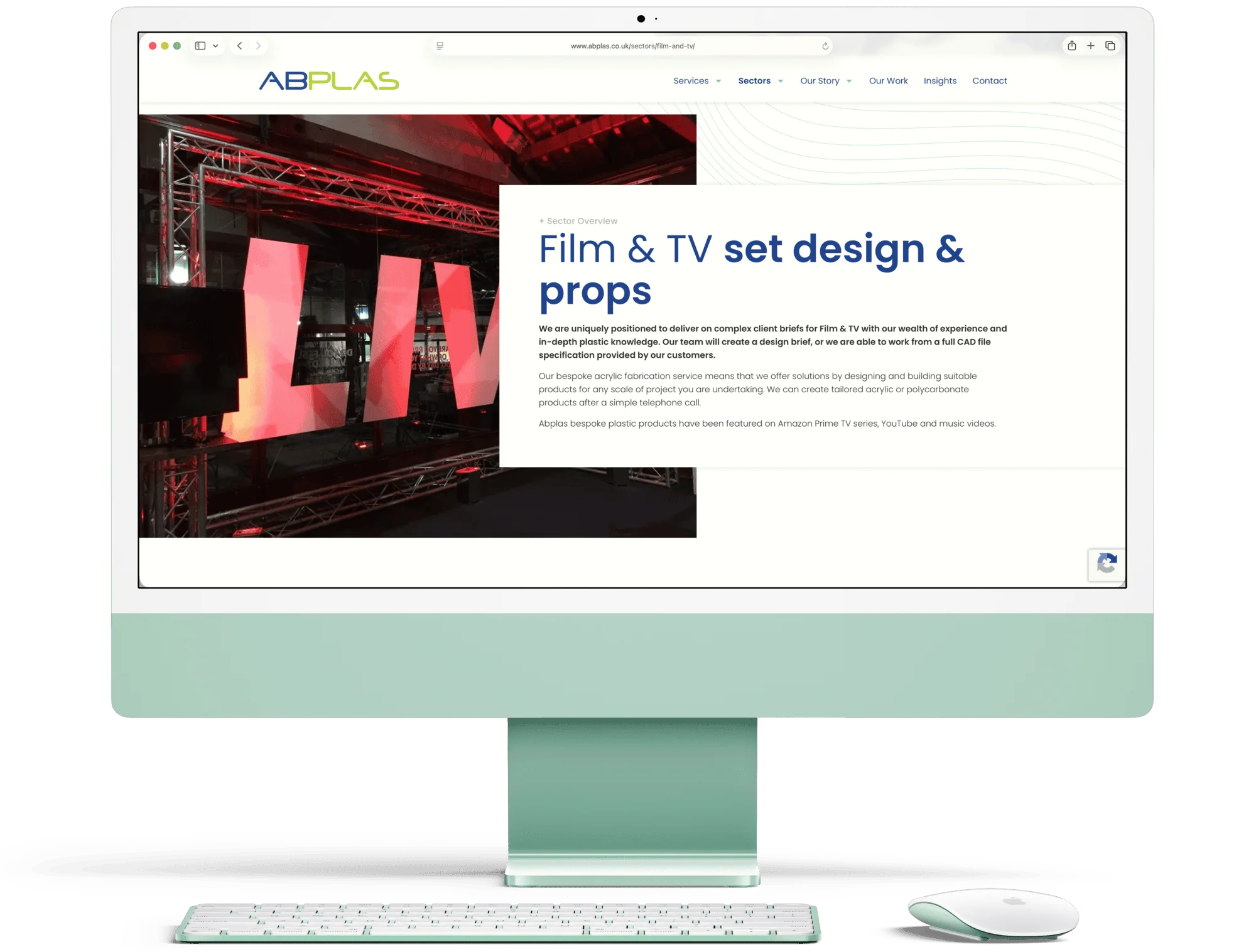Abplas Film and TV sector page in Green iMac screen