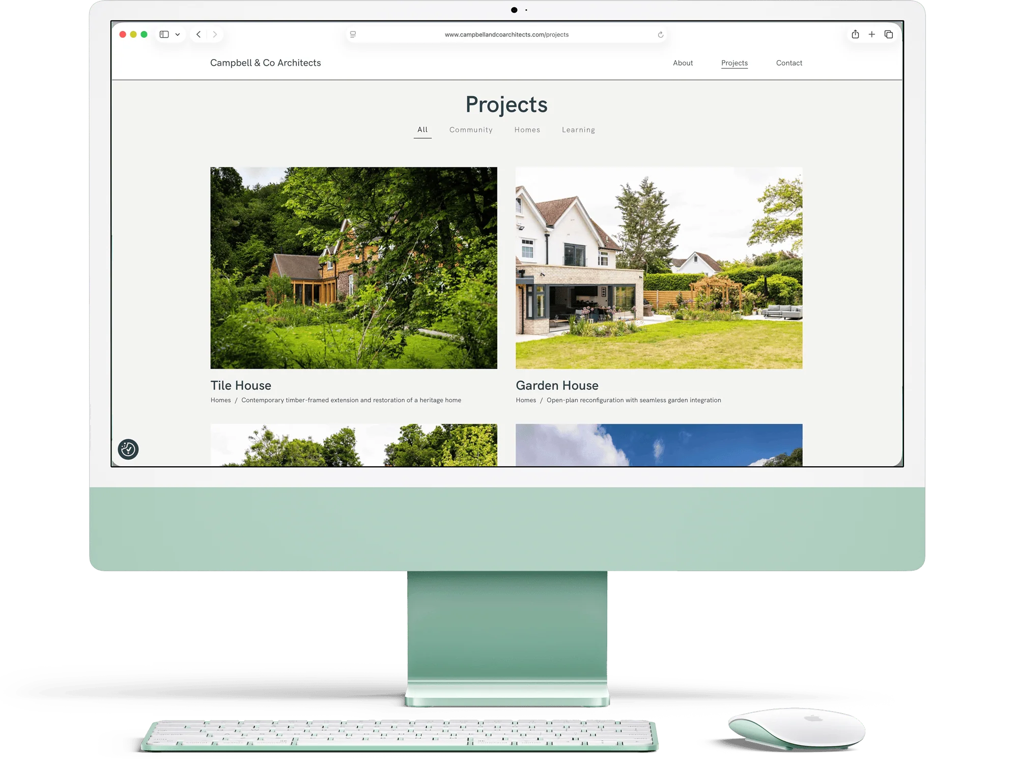 Campbell & Co website projects page inside a green iMac screen